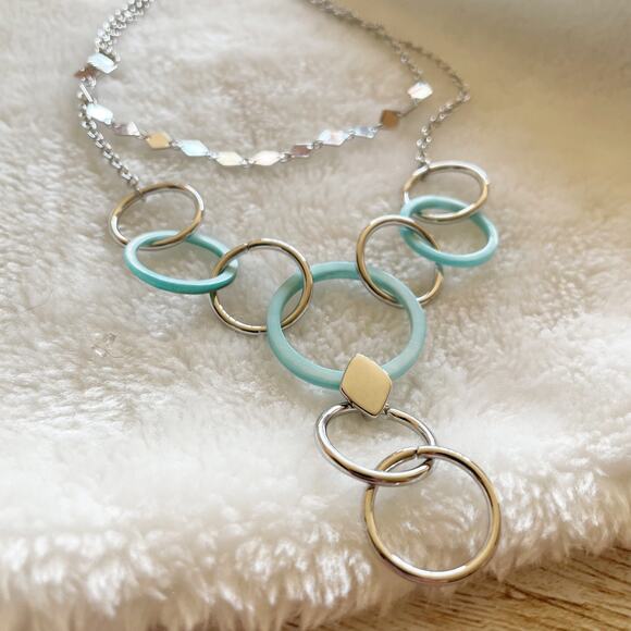 Macy’s Two Row Layered Y Necklace Silver Blue Linked Rings NWOT - Picture 5 of 9